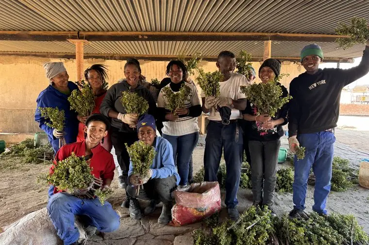 Workers at Sand River with vegetables harvested from the farm garden
