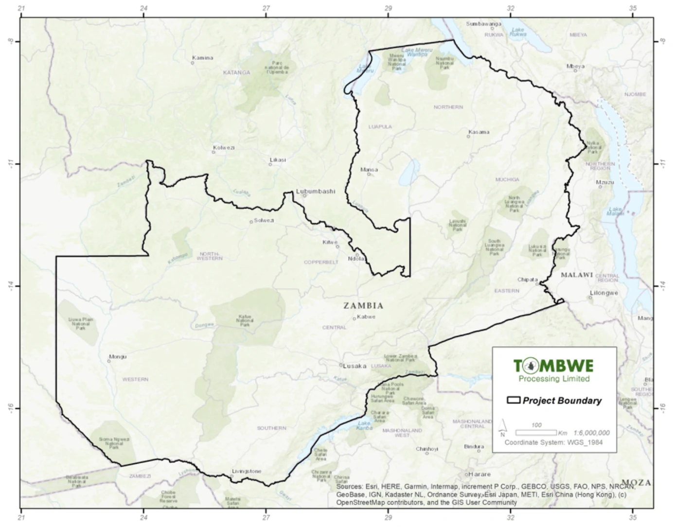 Map of the Tombwe grouped project boundary across Zambia