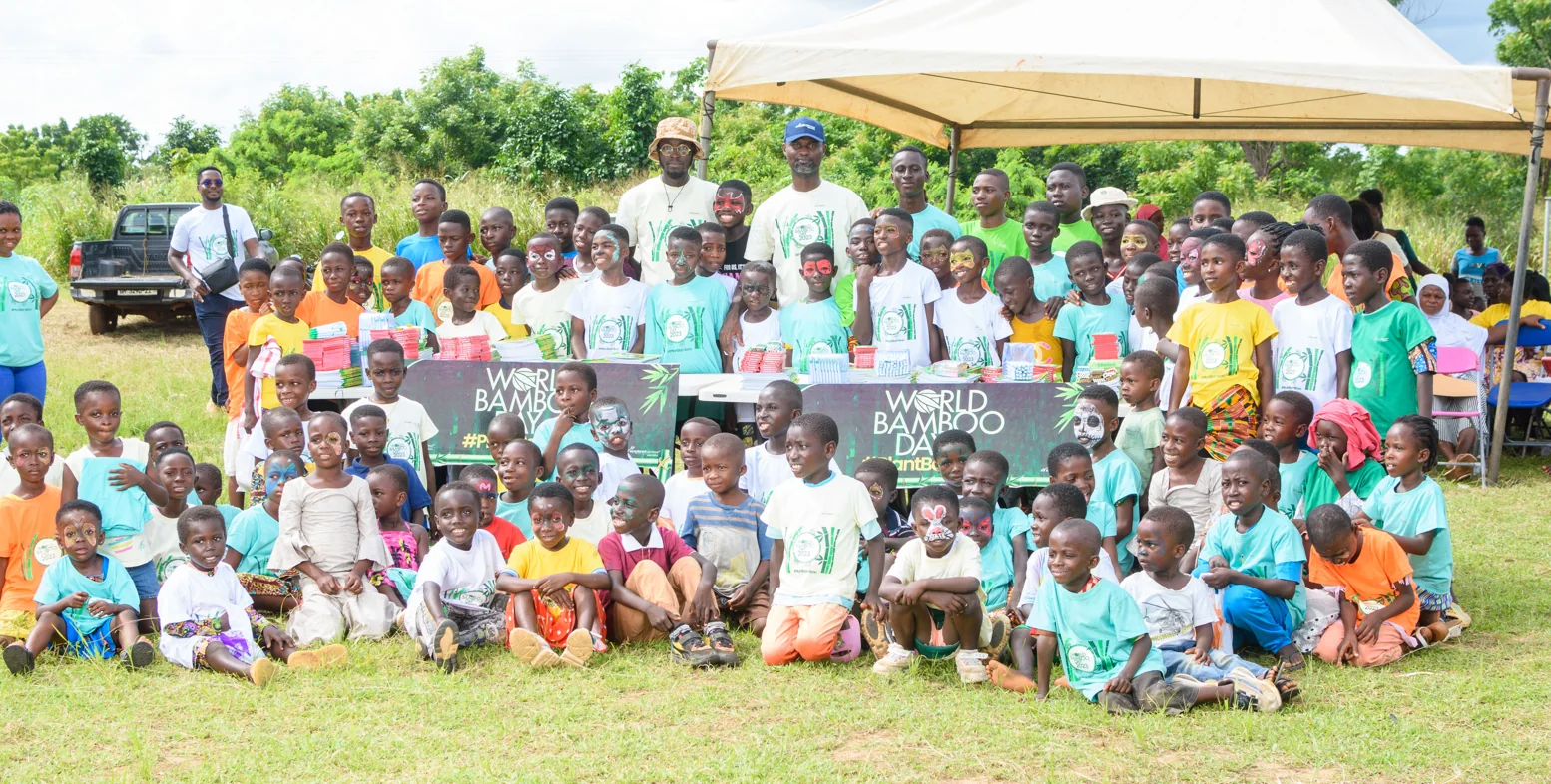 Community members and children gathered for World Bamboo Day at an EcoPlanet project in Ghana
