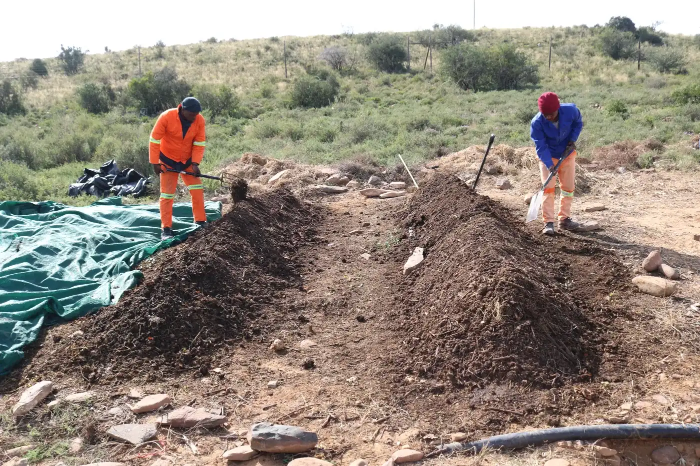 Two workers turning compost in the Eastern Cape